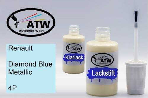 Renault, Diamond Blue Metallic, 4P: 20ml Lackstift + 20ml Klarlack - Set, von ATW Autoteile West.